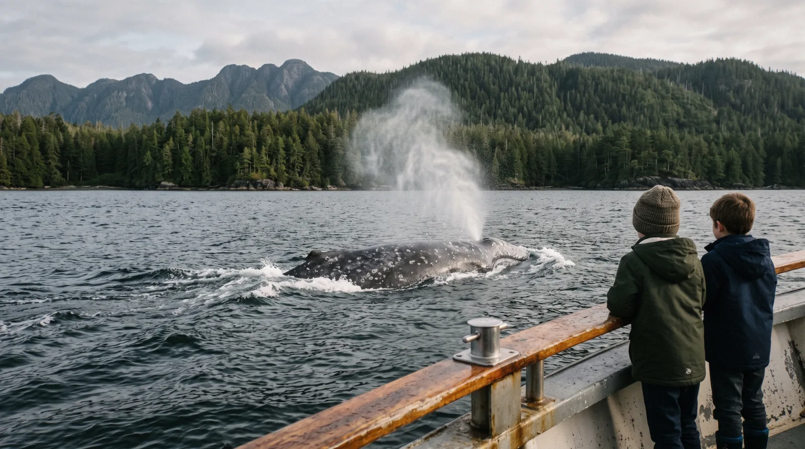 Grey whale surfacing off the Tofino coast during the spring migration, the peak season for the best time to visit Tofino