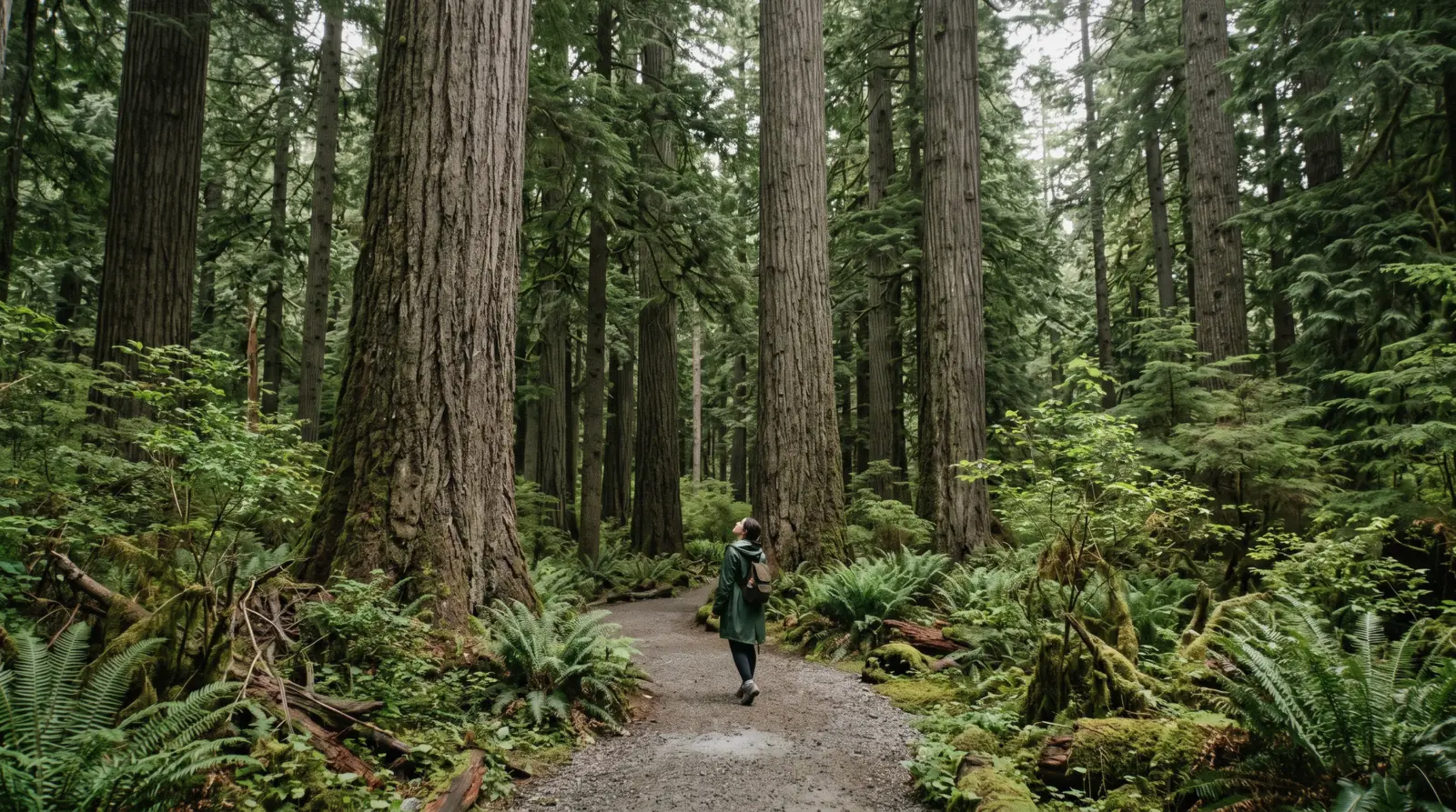 Wide old-growth Douglas fir trunks and tall forest on a trail in Cathedral Grove, MacMillan Provincial Park