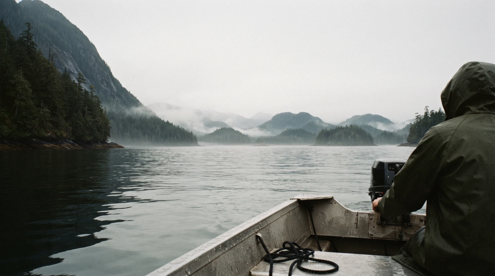 Boat wake crossing the sheltered waters of Clayoquot Sound near Tofino, British Columbia, with forested islands