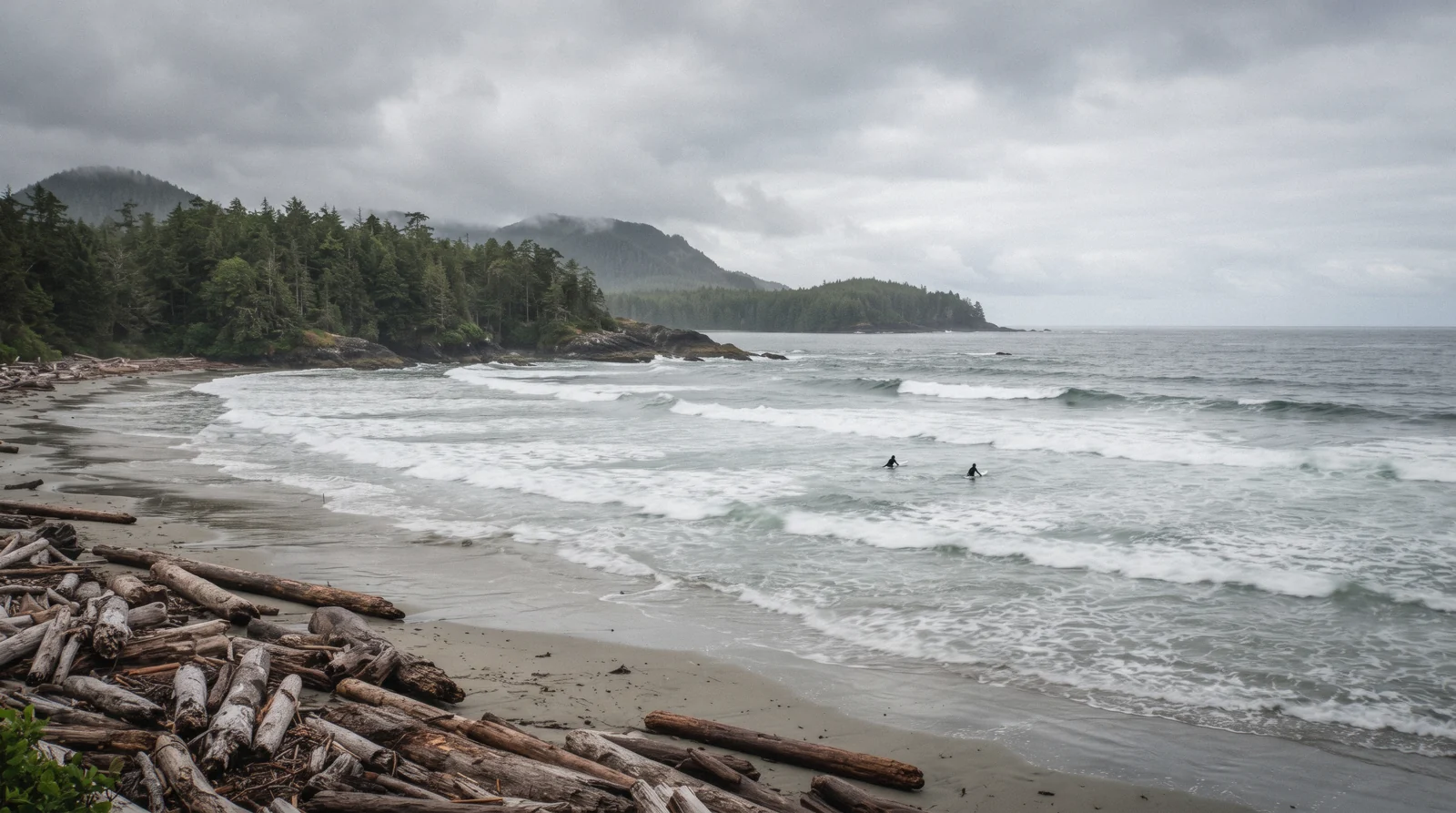 Rolling Pacific surf at Cox Bay near Tofino, British Columbia, with two surfers paddling out and driftwood on the sand