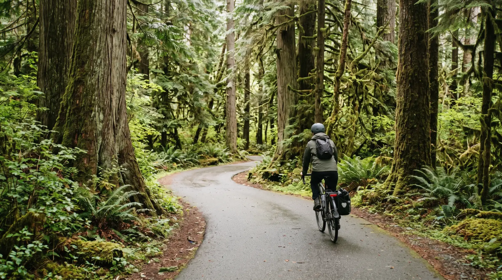 A cyclist on the paved multi-use pathway through coastal forest, a way of getting around tofino