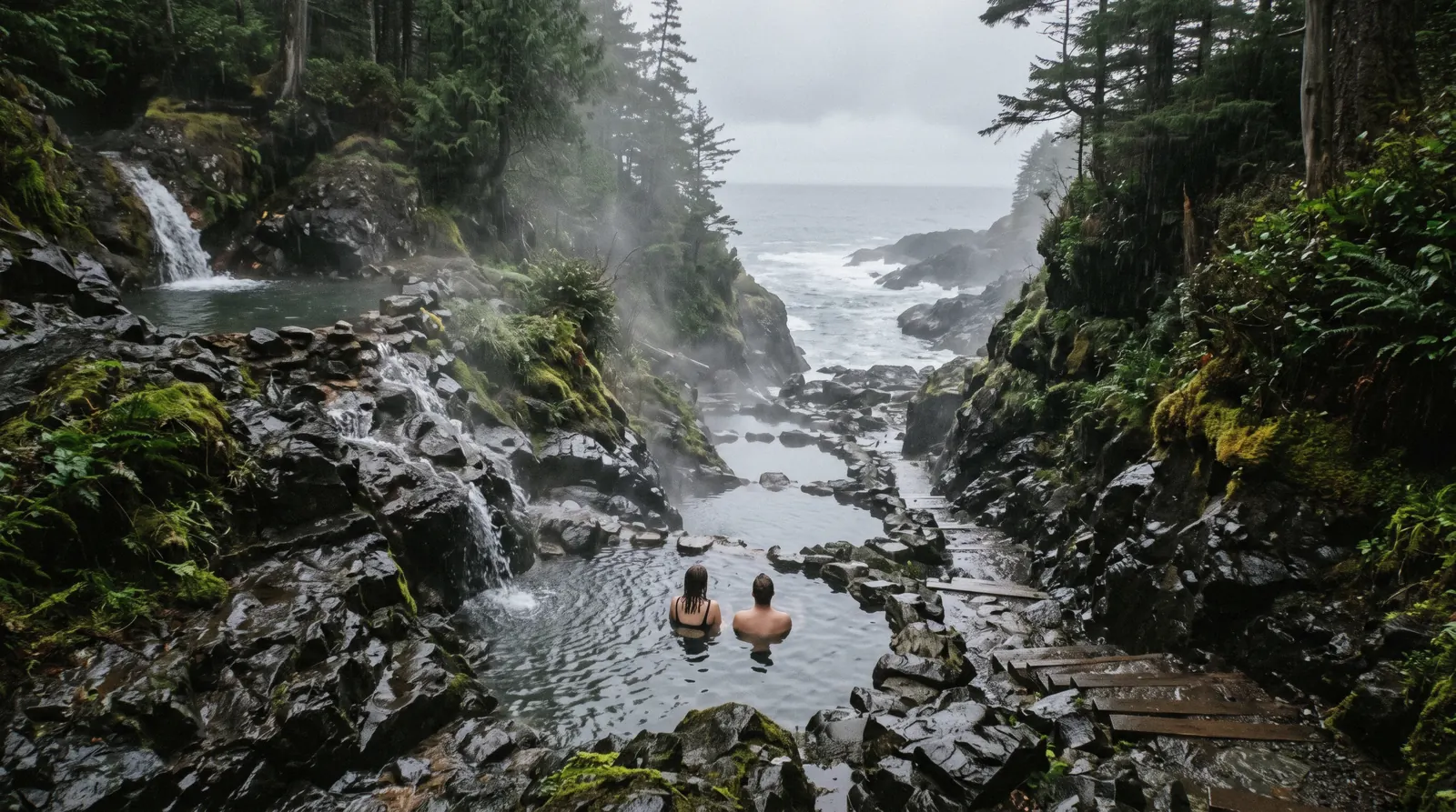 The rocky hot spring pools at Hot Springs Cove, British Columbia, with seawater cooling the flow on the rock face