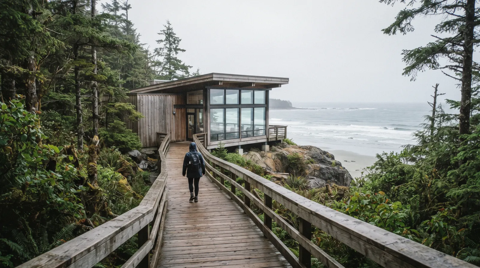 The wood and glass Kwisitis Visitor Centre above Wickaninnish Beach near Tofino, British Columbia
