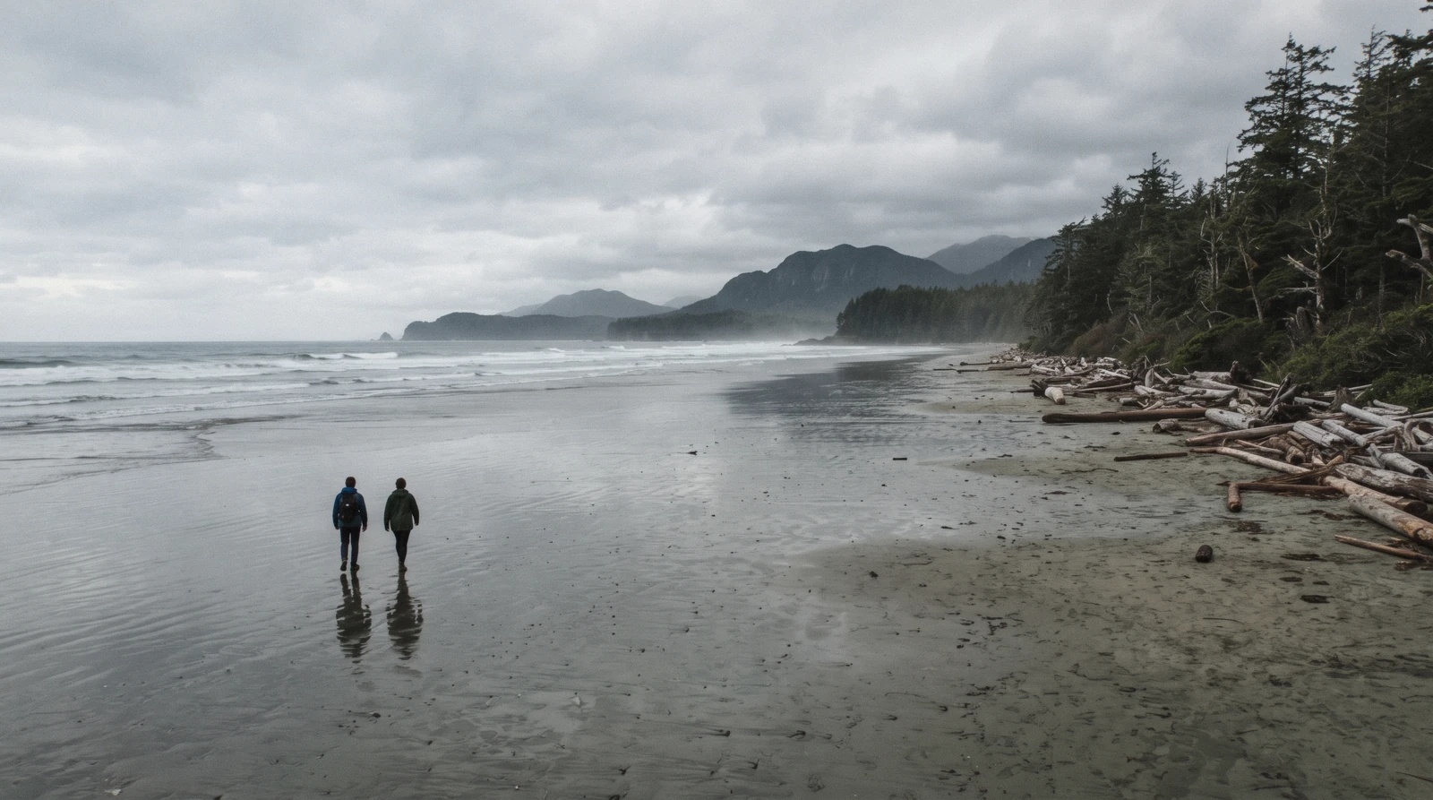 Wide sand and distant surf at Long Beach in Pacific Rim National Park near Tofino, British Columbia