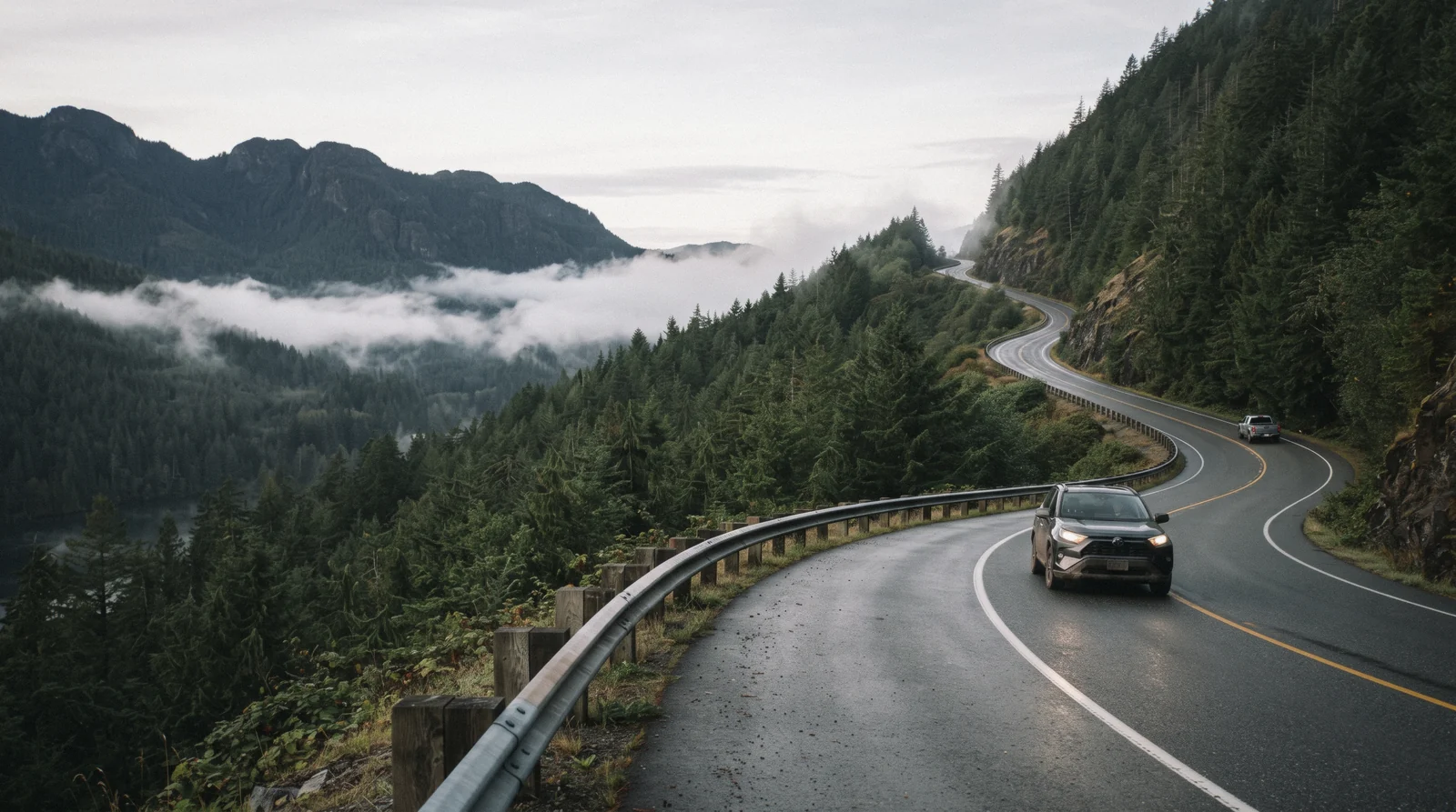 Highway 4 climbing through forested hills between Nanaimo and Tofino toward Kennedy Hill