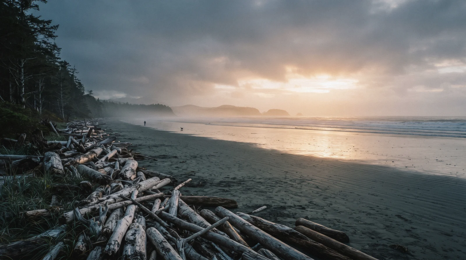 Wide open sand at Long Beach in Pacific Rim National Park Reserve, British Columbia, under a soft sky
