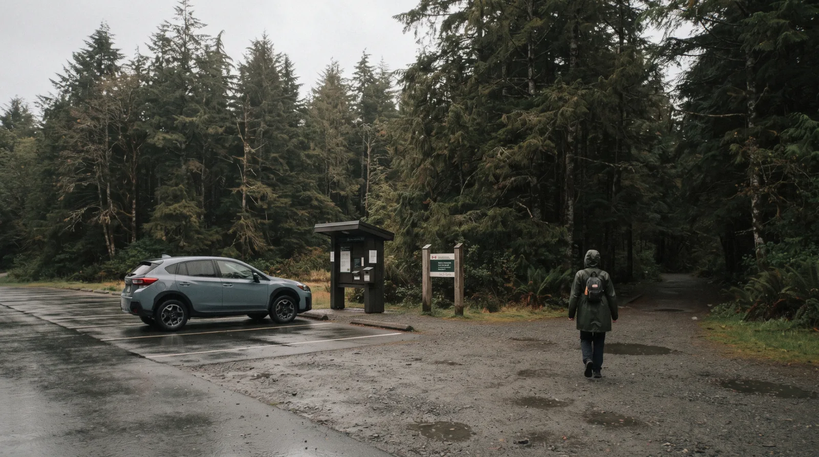 A car parked at a Pacific Rim National Park entry point near Tofino, British Columbia, where the park pass applies