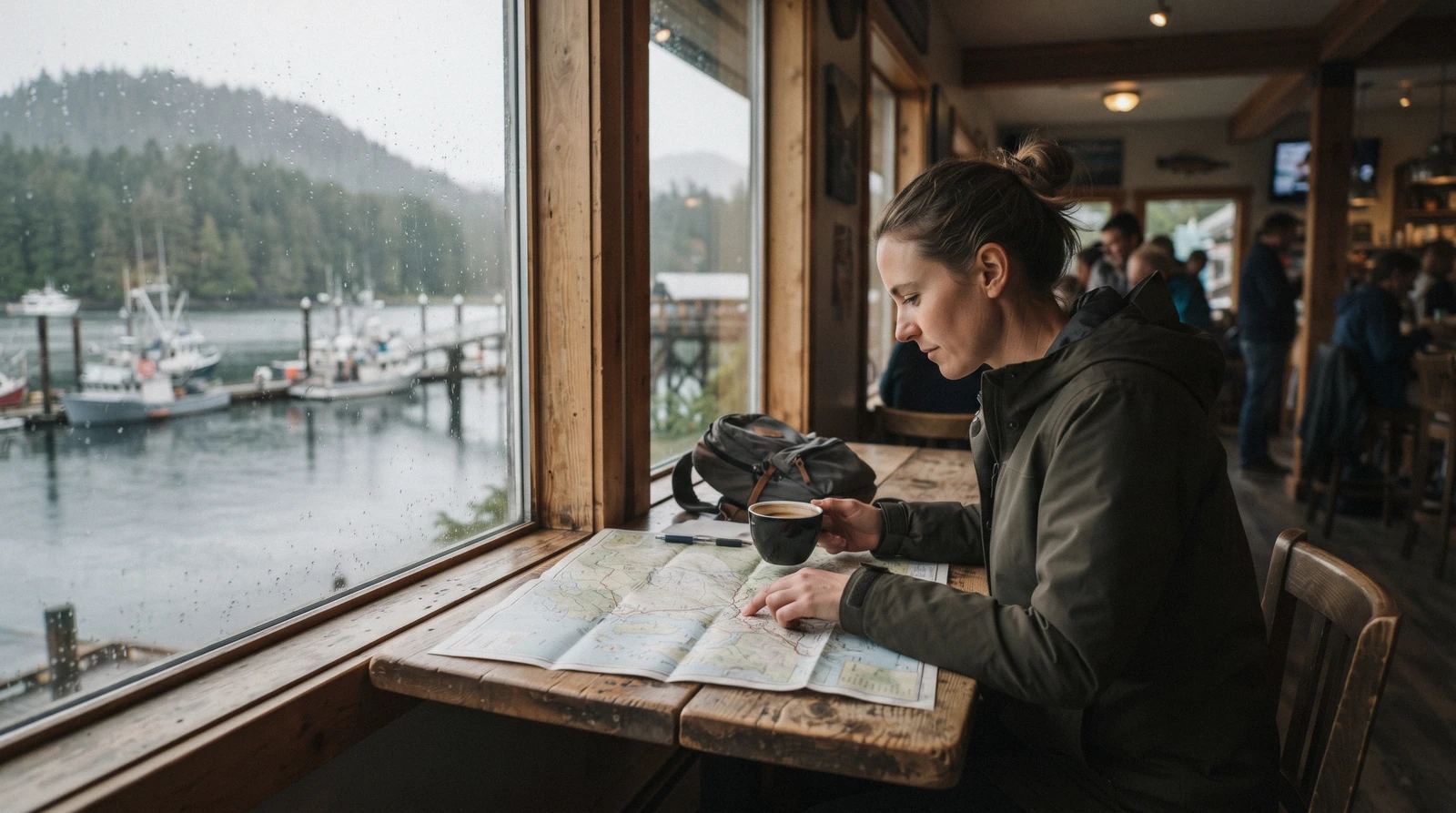 A traveller reading a map over coffee in a Tofino cafe window overlooking the harbour while planning a trip using tofino travel tips