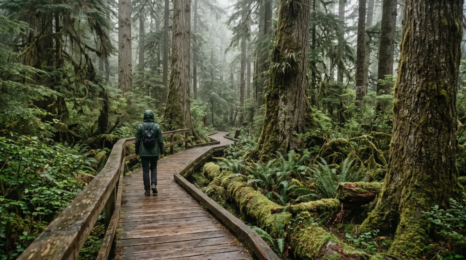 A boardwalk through old-growth spruce and cedar on the Rainforest Trail near Tofino, British Columbia