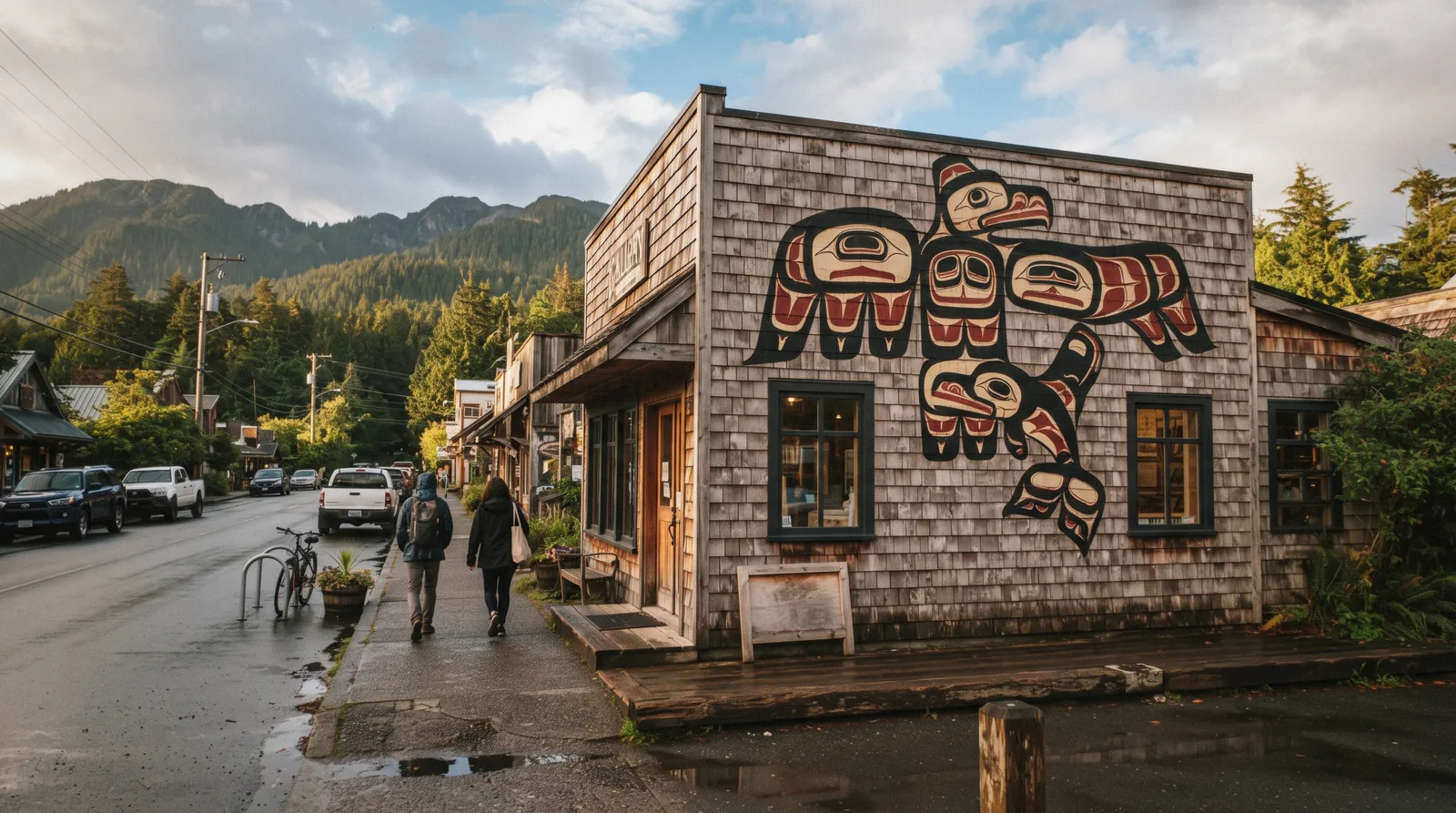 The hand-built log gallery of Roy Henry Vickers on Campbell Street in Tofino, home to the Roy Henry Vickers Gallery