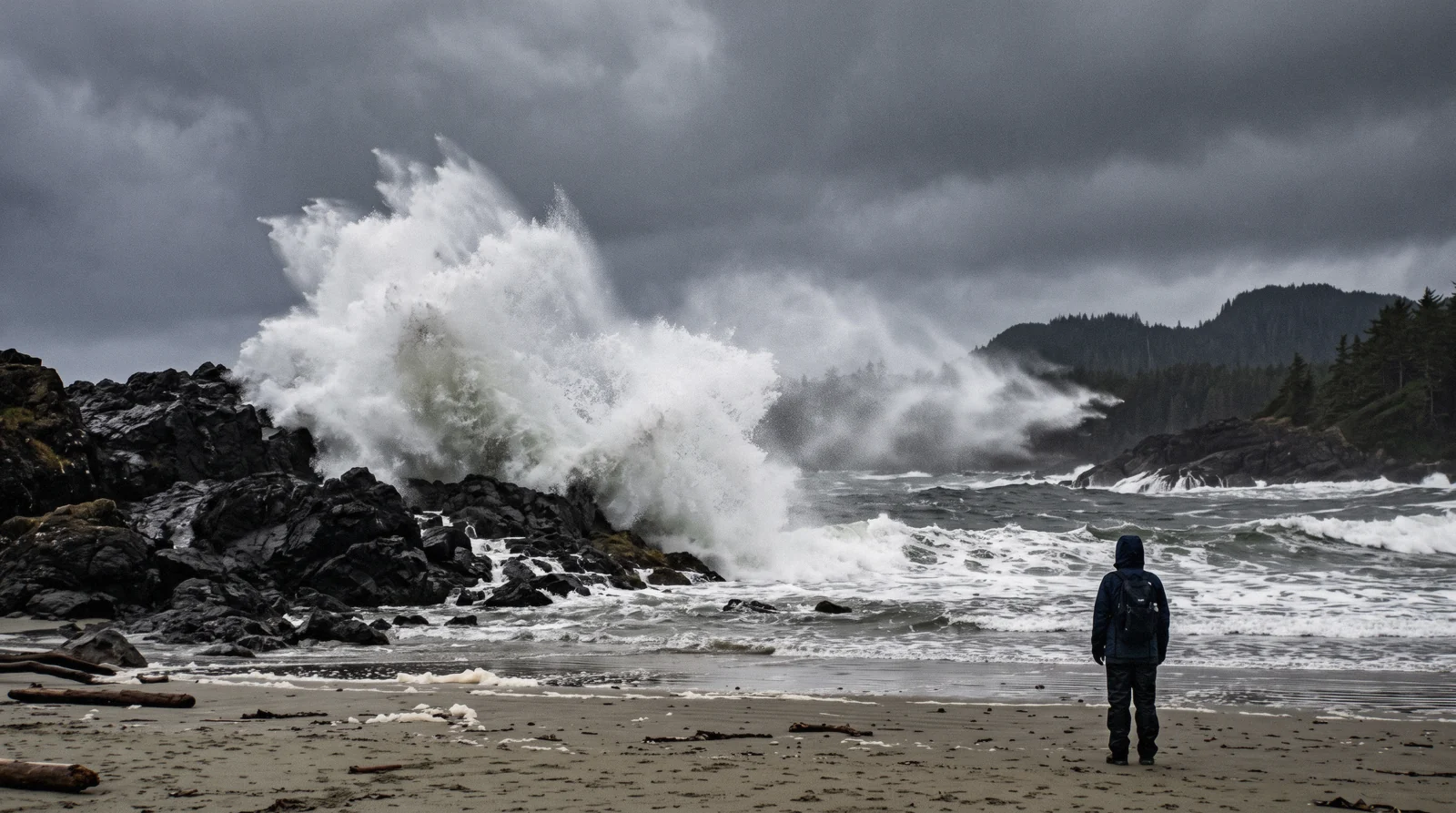 Large winter waves crashing on a rocky beach during storm watching near Tofino, British Columbia