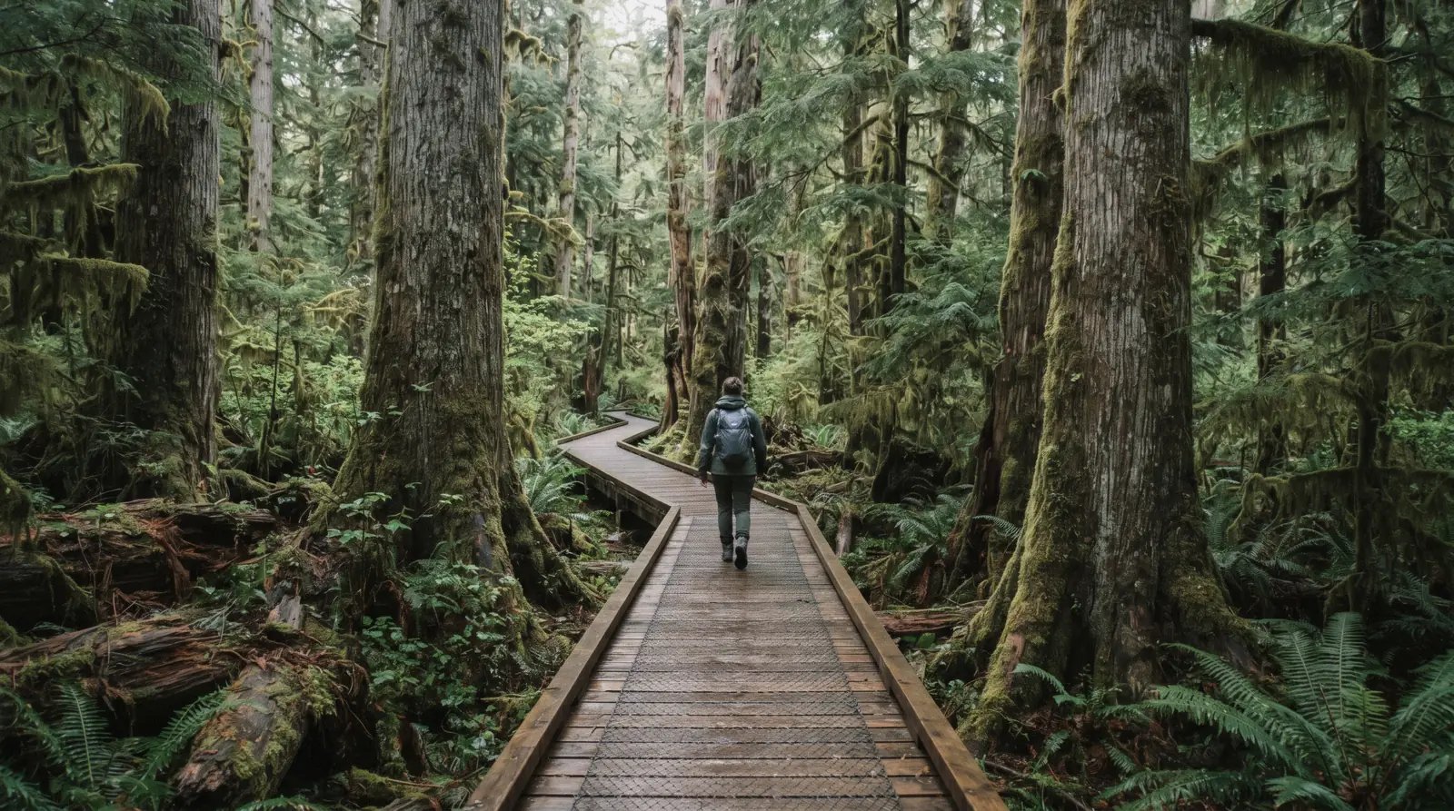A hiker walking the Rainforest Trail boardwalk under old-growth trees, one of the things to do in Tofino near Pacific Rim National Park
