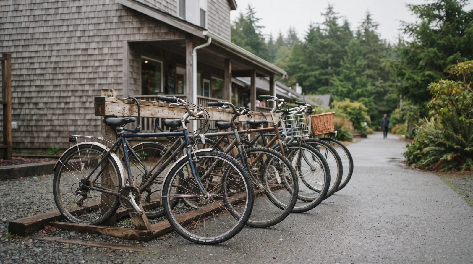 Rental bicycles lined up beside the paved path in Tofino near a tofino bike rental shop