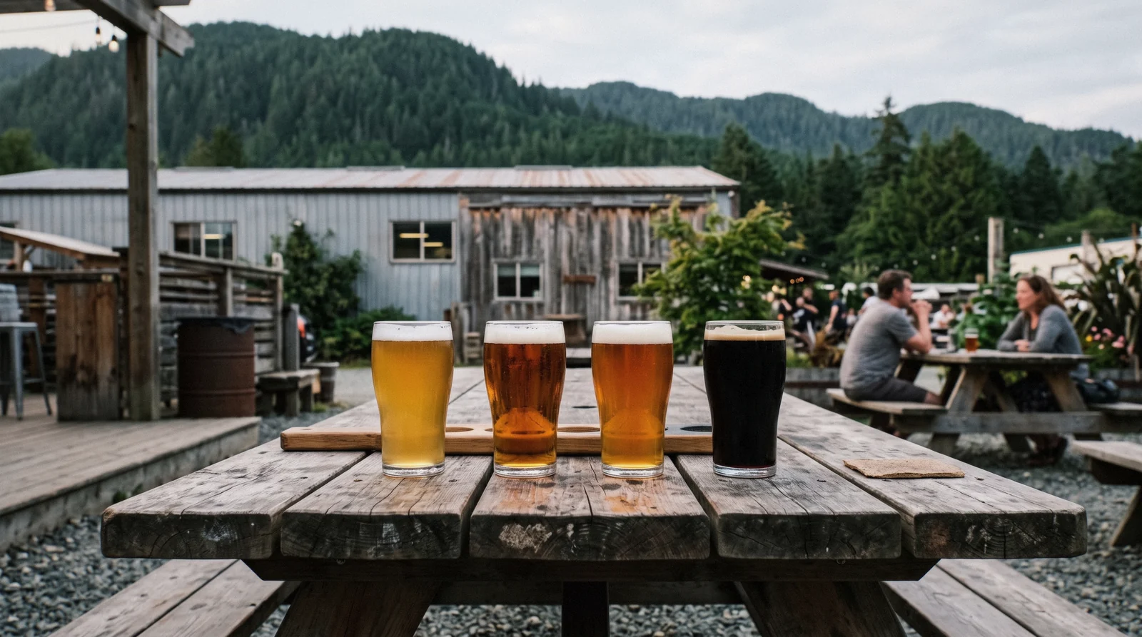 Glasses of beer on the bar at Tofino Brewing Company taproom