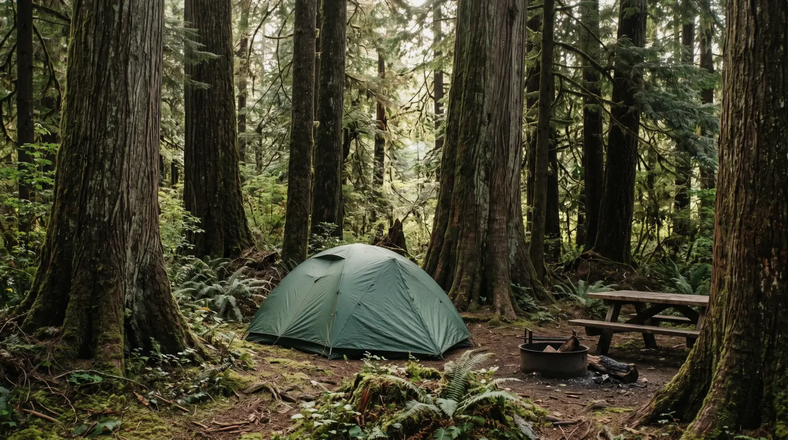 A tent pitched among old-growth cedar trees at a campground near Tofino