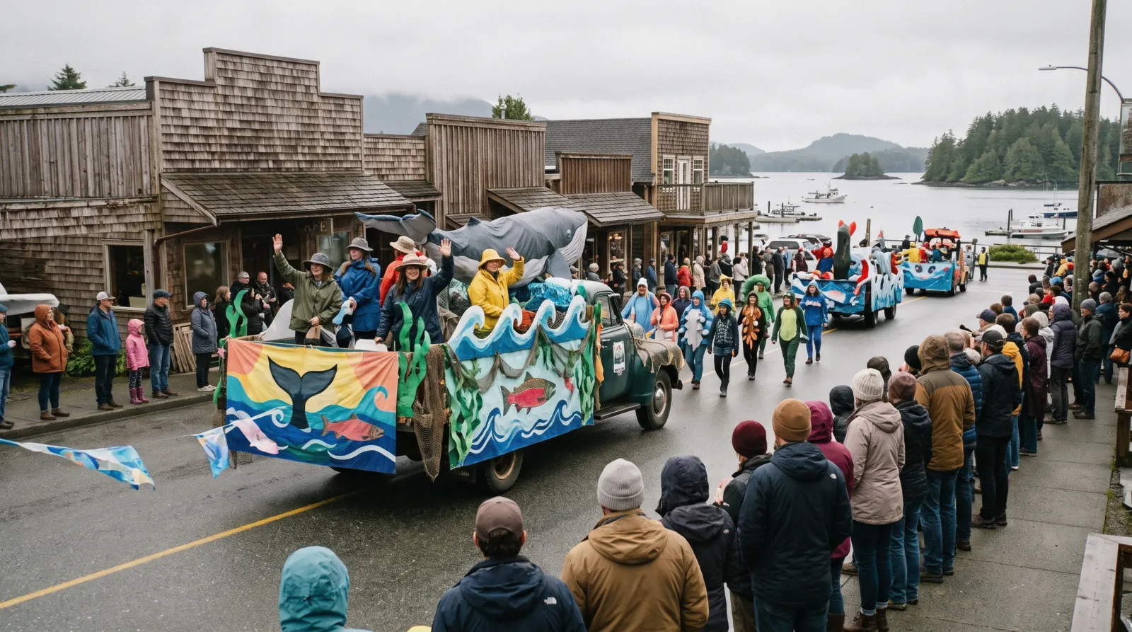 The Parade of Whales & Wonder float parade through Tofino during the Pacific Rim Whale Festival, a Tofino events highlight