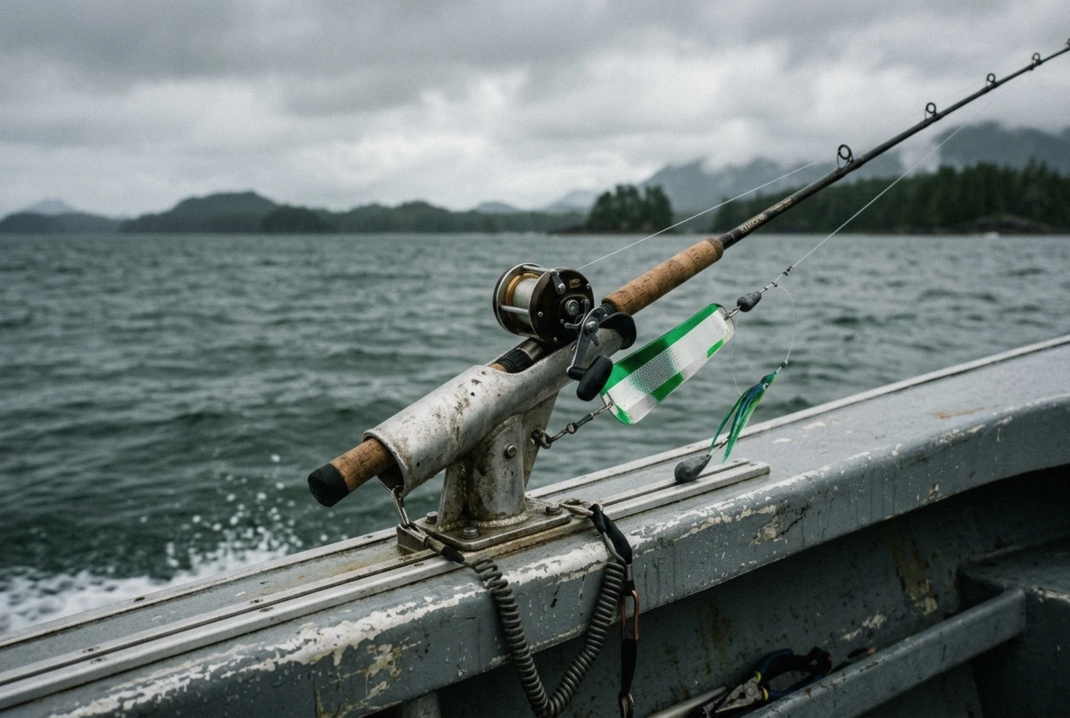 Rod holder and tackle on a fishing charter boat's gunwale off the coast near Tofino, British Columbia