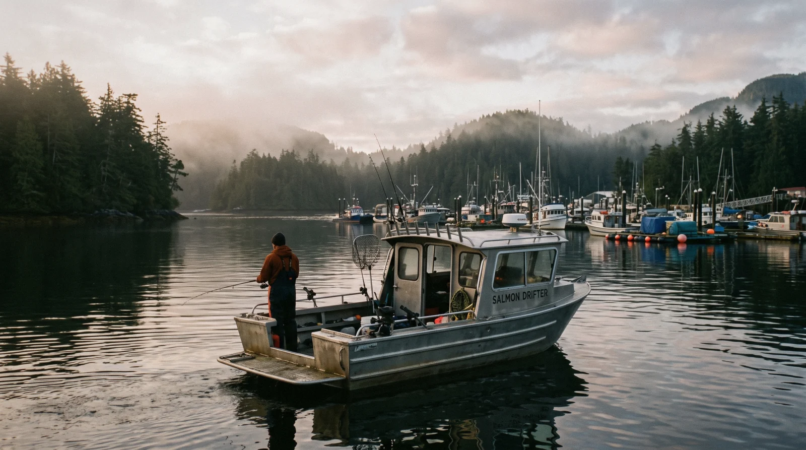 Fishing charter boat idling near the harbour in Tofino, British Columbia on a calm morning