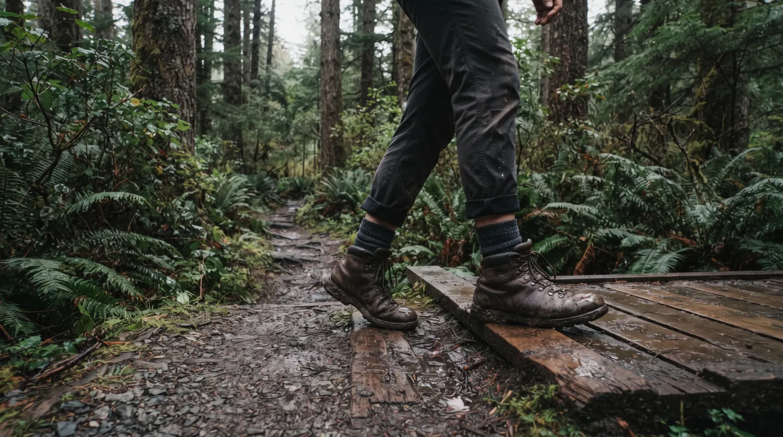 A forest trail underfoot near Tofino, British Columbia, on one of the area's hiking trails