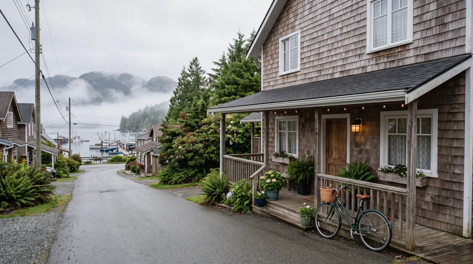 A small boutique Tofino hotel near the village harbour in morning light