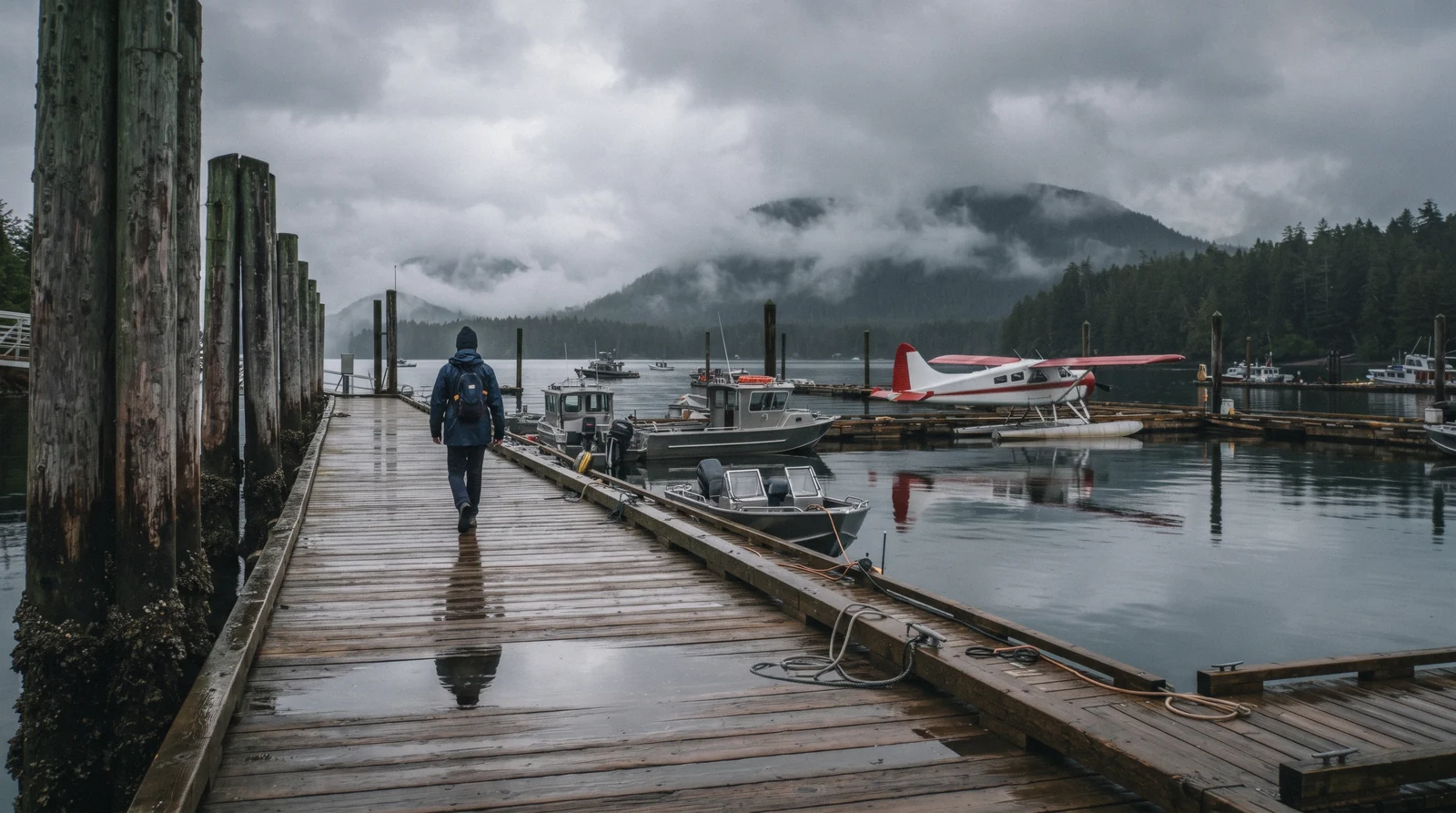 The harbour and boat docks of downtown Tofino, British Columbia, with floats and fishing boats in front of the village