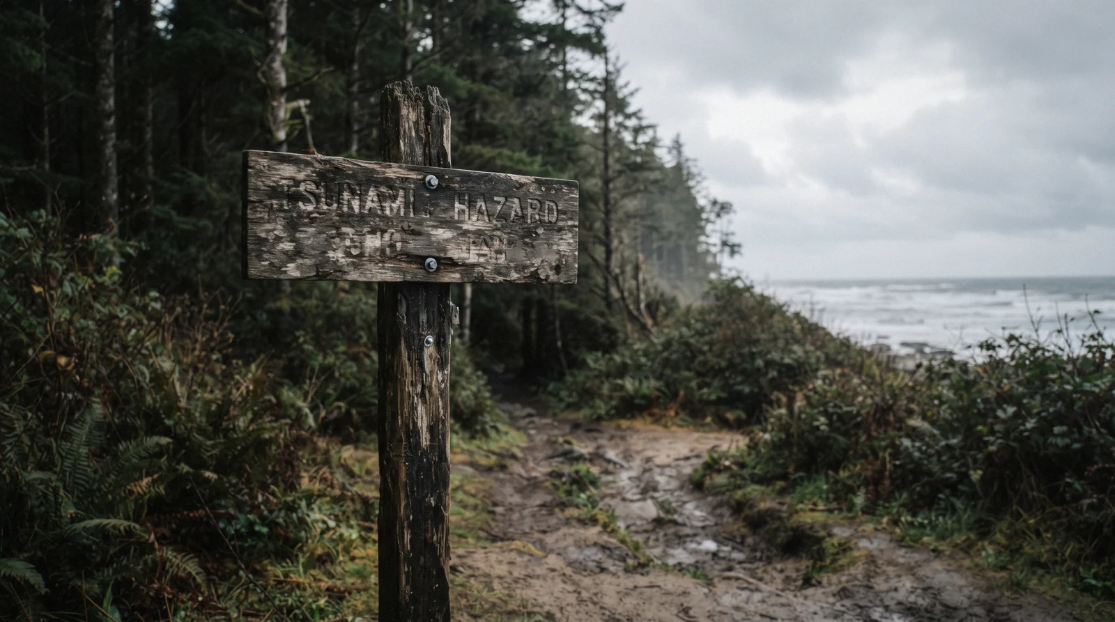 Waves breaking on a wide sandy beach near Tofino, British Columbia on an overcast day