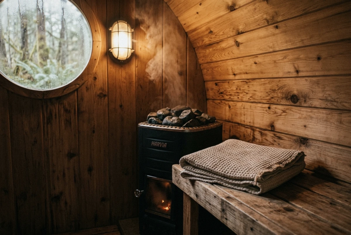 Warm cedar interior of a small sauna near Tofino, British Columbia, similar to the warm-water spaces described on this page