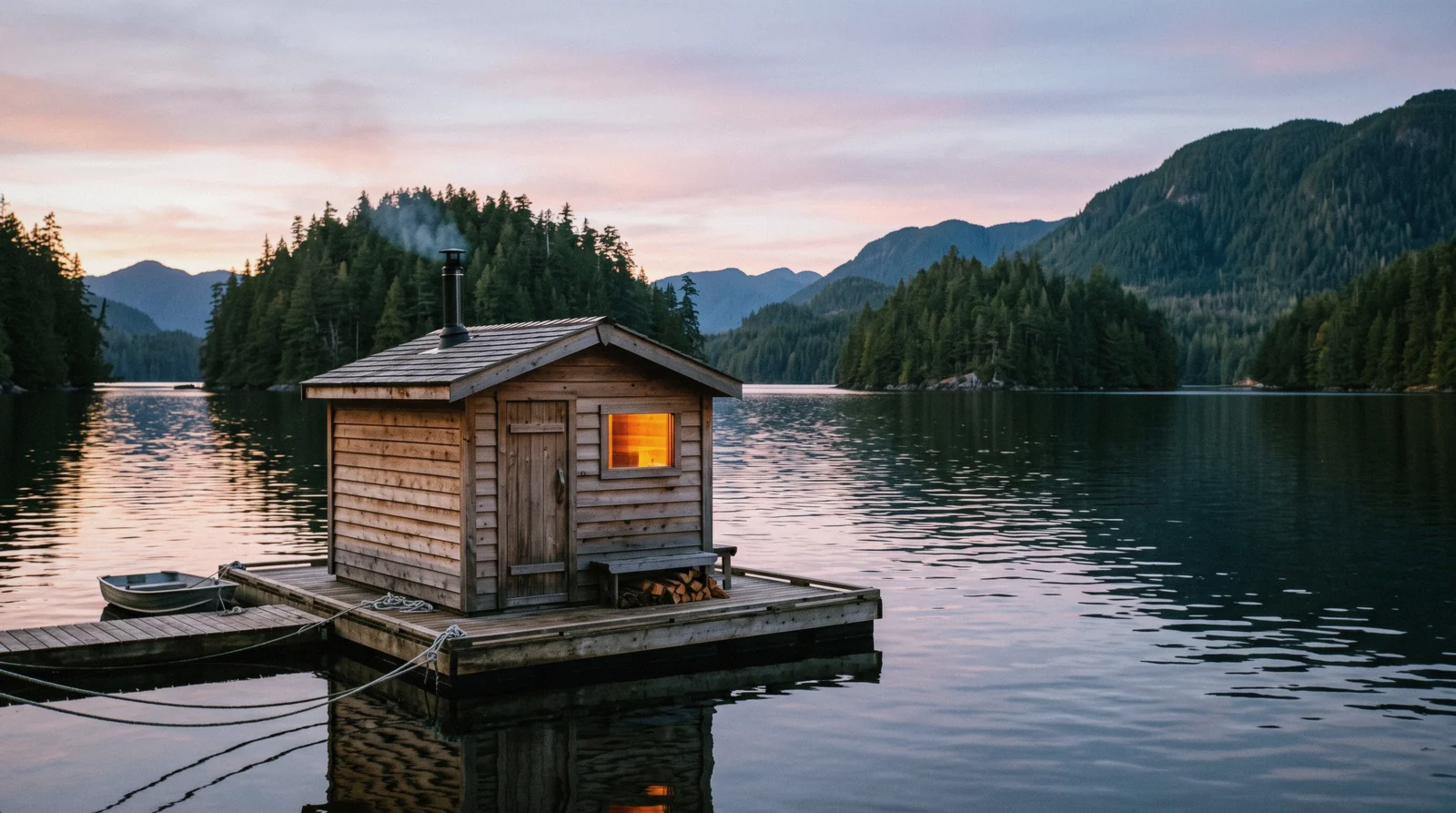 Steam rising from a floating cedar sauna on the water near Tofino, British Columbia