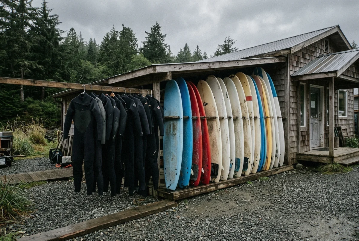 Rental surfboards and wetsuits outside a surf shop near Tofino, British Columbia