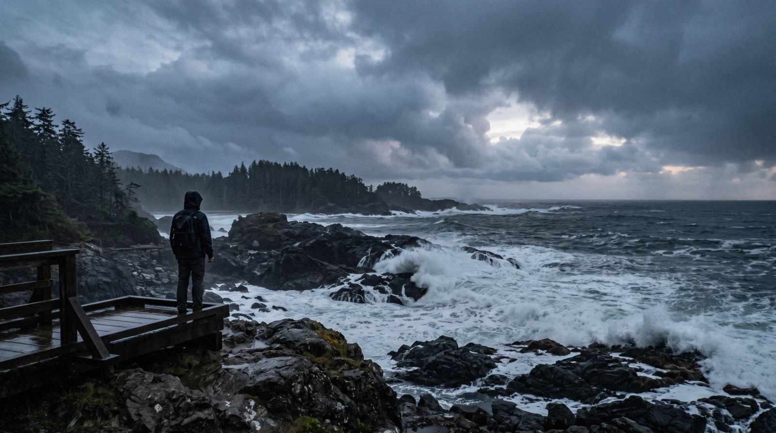 Pacific storm clouds rolling over the coastline near Tofino, illustrating Tofino weather and its wet season
