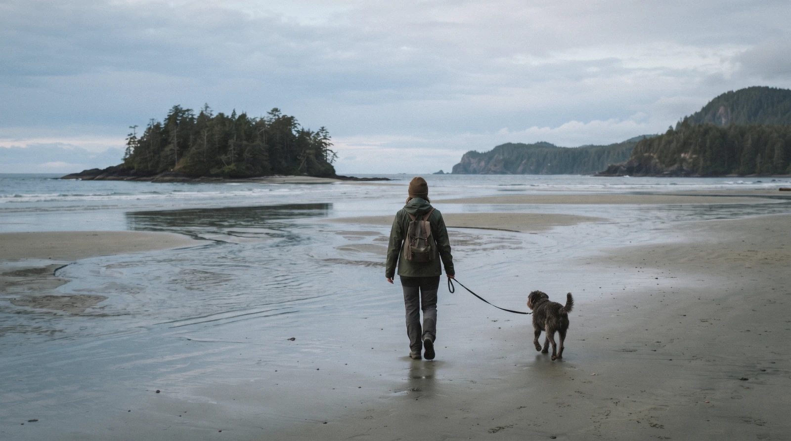 A dog on a leash walking with its owner on a wide sandy beach near Tofino, British Columbia