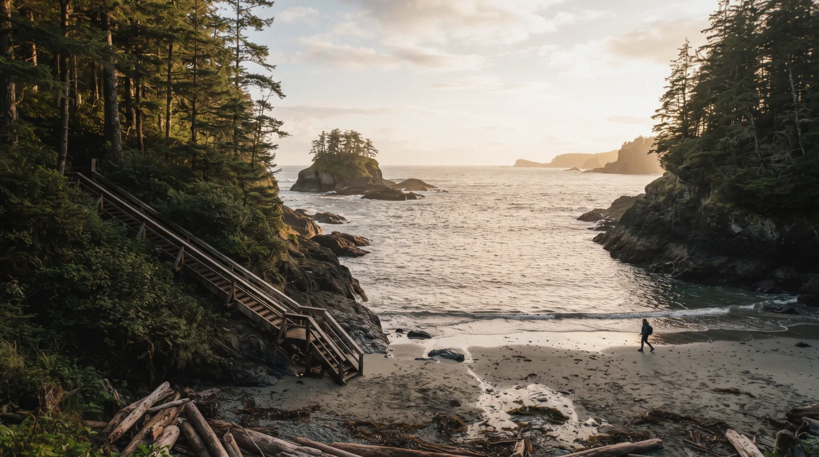 The small cove at Tonquin Beach near Tofino, British Columbia, with rock walls and a wooden boardwalk staircase from the forest above