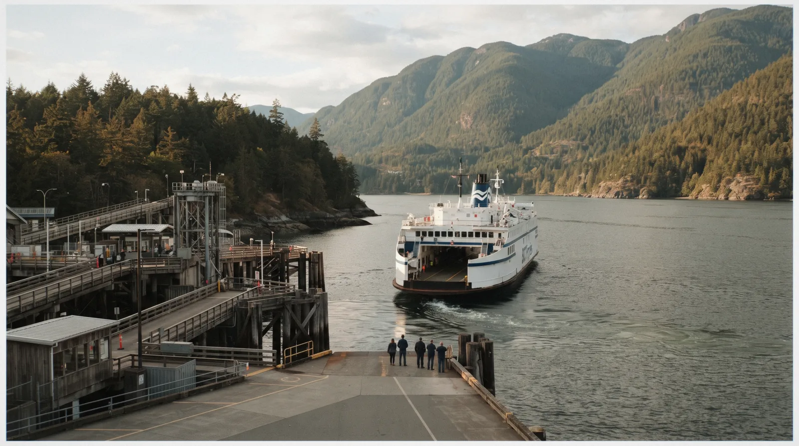 A BC Ferries vessel departing Horseshoe Bay terminal toward Vancouver Island on the vancouver to tofino route