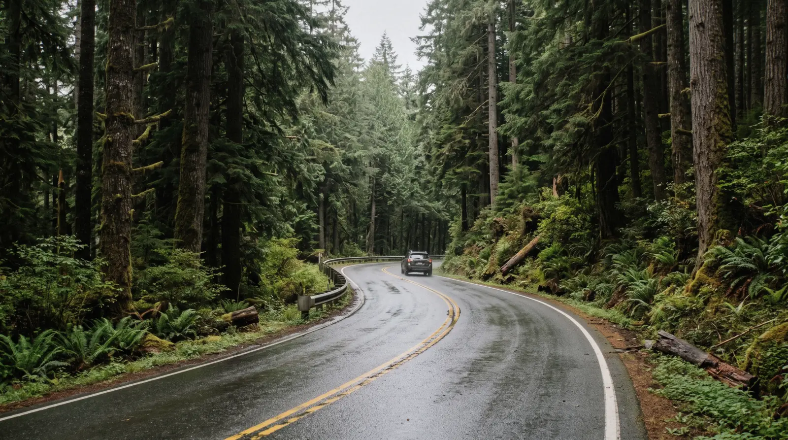 Highway 4 curving through forest toward Port Alberni on the victoria to tofino drive