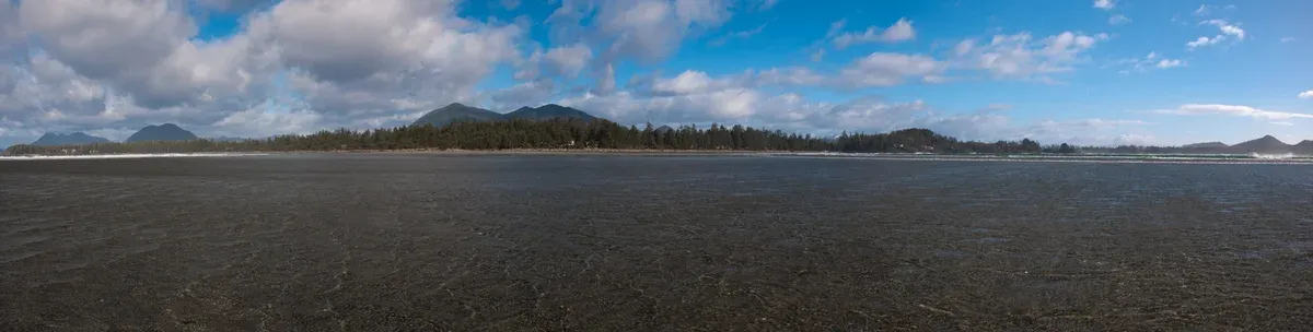 Aerial panorama of the wide sand flat at low tide on Chesterman Beach near Tofino, British Columbia