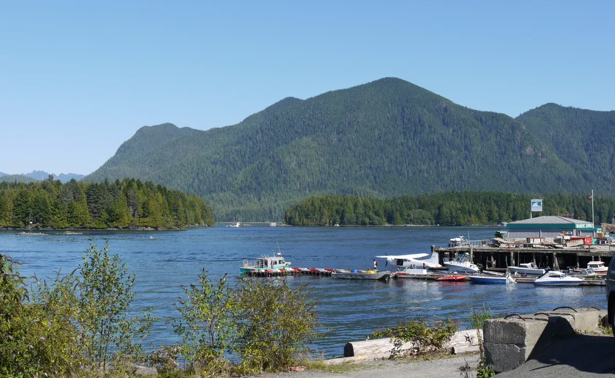 Floatplane and boats moored at the working docks of Tofino harbour, British Columbia, under a grey sky