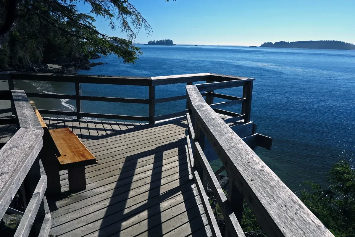A boardwalk overlook on the Tonquin Trail above Clayoquot Sound in Tofino, British Columbia